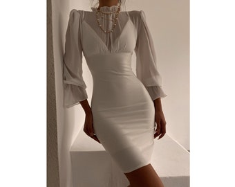 Long Sleeve Sexy Midi Long White, White Dress, Party Outfits, Elegant Dresses for Women, Presents for Women,Wedding dress, Black dress,