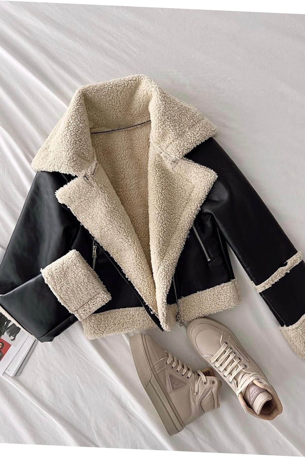 Zara white cream faux fur leather shearling aviator jacket