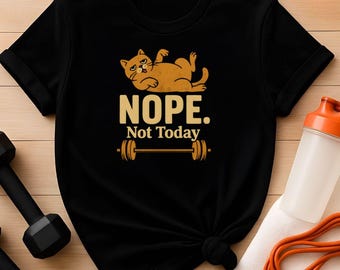May include: Black t-shirt with a graphic of a cat and the text "Nope. Not Today" above a barbell. Fitness accessories, including dumbbells, a water bottle, and resistance bands, are visible.