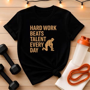 Hard Work Beats Talent Runner T-Shirt, Male Runner Inspirational Athletic Workout Top Grit-Fueled Fitness Tee