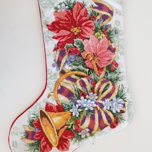 Christmas Stocking: Cross Stitch Flowers, Velvet Backing