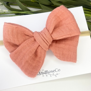Peach Gauze Bow, Double Gauze Baby Bow, Newborn Bow, Baby Headband, White Gauze Baby Bow, Muslin Bows