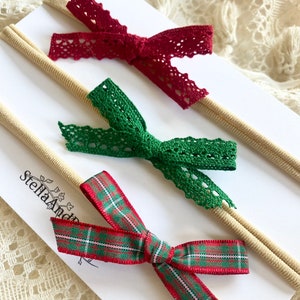 Christmas Baby Bow Set, Baby Bow Set, Lace Baby Headband, Plaid Baby Bows, Christmas Baby Headbands, Ribbon Baby Bow Set, Raw Edge Baby Bows
