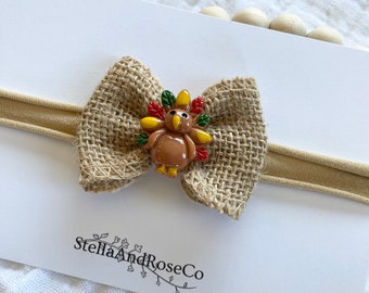 Burlap Turkey Baby Headband, Fall Baby Headband, Thanksgiving Baby Bows, Vintage Baby Bow, Boho Thanksgiving Hair Bows, Turkey Baby Headband