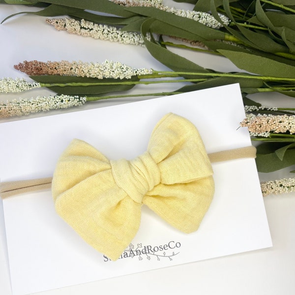 Pale Yellow Muslin Baby Headband, Double Gauze Baby Bows, Muslin Baby Headbands, Yellow Hair Bows, Canary Yellow Baby Headband, Baby Shower