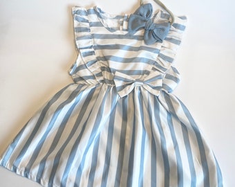 Easter Dress, Baby Girl Stripped Ruffle Trim Dress, Baby Outfit, Baby Girl Dress, Blue Baby Dress, Bow Front Dress, Baby Girl Outfit