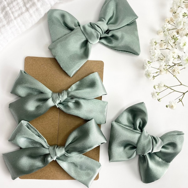 Sage Satin Bow, Satin Hair Bow, Satin Baby Bow, Baby Headband, Newborn Baby  Bow, Pigtail Bows