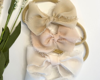 Chiffon Baby Bows, Newborn Baby Bow, Neutral Baby Bow, Boho Baby Bows, Organic Baby Bows, Chiffon Bows with Raw Edges, Baby Headbands