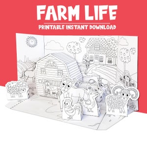 Disegni da colorare fai da te in 3D con animali della fattoria e del fienile, lavoretti di carta per bambini, attività al chiuso per bambini, download immediato in formato PDF, PDF stampabile