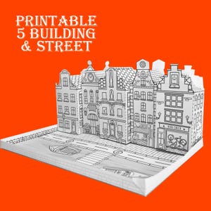 May include: Printable paper model of five buildings and a street. The buildings are black and white and have detailed facades. The street is also black and white and has a canal running through it. The title "Printable 5 Building & Street" is at the top of the image.