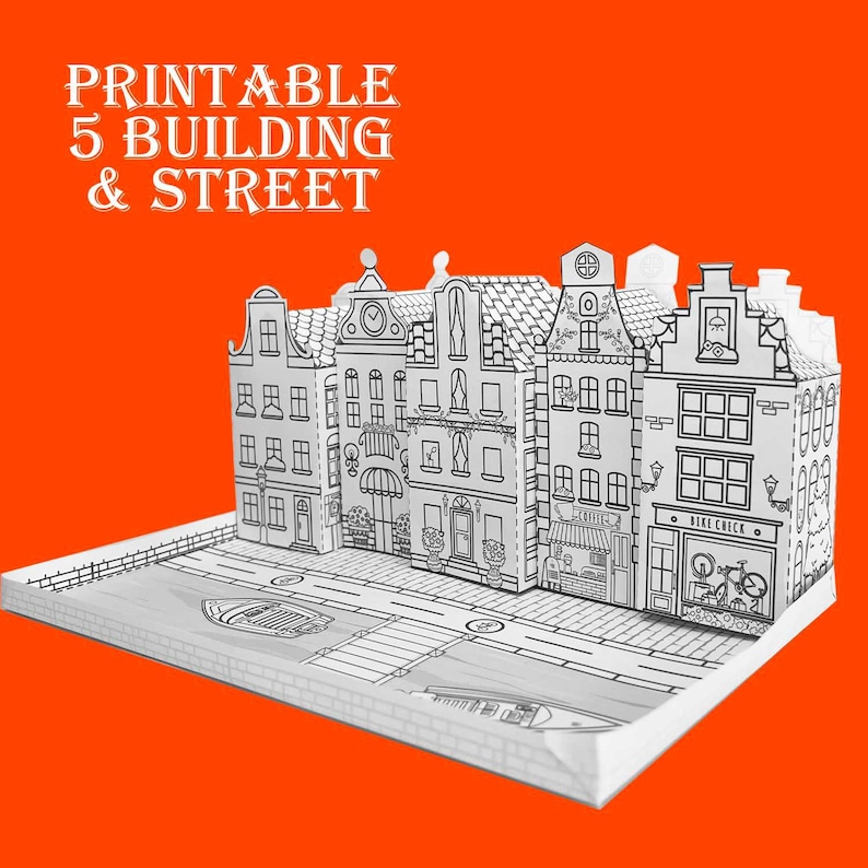 May include: Printable paper model of five buildings and a street. The buildings are black and white and have detailed facades. The street is also black and white and has a canal running through it. The title "Printable 5 Building & Street" is at the top of the image.
