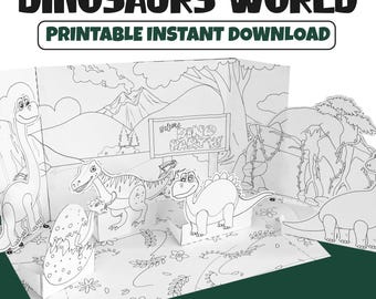 3D Dinosaurier Set für Kinder - Urzeitliche Szene ausmalen & zusammenbauen | PDF Basteln