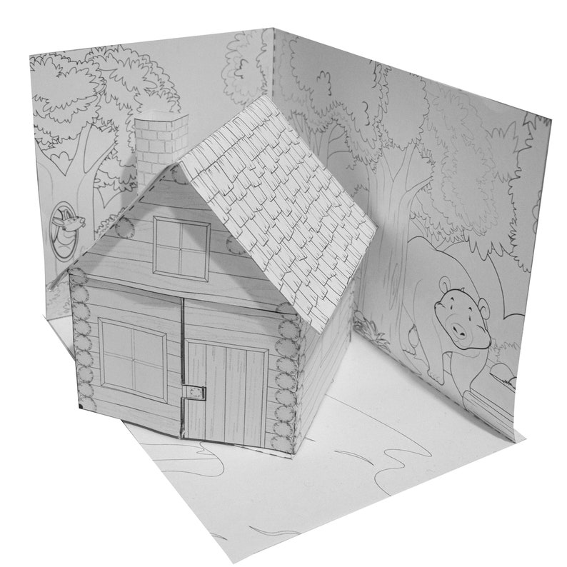 May include: A black and white papercraft model of a log cabin with a chimney, windows, and a door. The cabin is surrounded by trees and a bear.