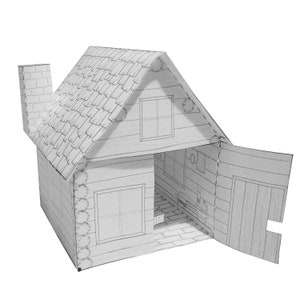 May include: A black and white line drawing of a paper model of a small house with a chimney, a door, and two windows. The house is made of logs and has a shingled roof.