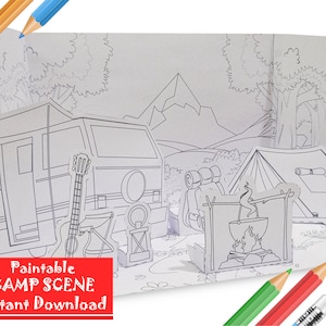 Scena di campeggio 3D da colorare stampabile, lavoretto con la carta per bambini, natura selvaggia verniciabile, design speciale per giovani scout, download istantaneo pdf