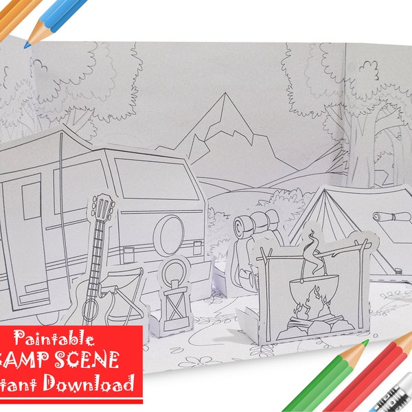 Printable Coloring 3D Camping Scene, Paper Craft for Kid, Paintable Wild Nature, Special Design for Young Scouts, pdf instant download