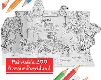 Printable Coloring 3D Zoo with Safari Animals, Paper Craft for Kid, Paintable Zoo Animal, Wild Jungle Animals, pdf instant download