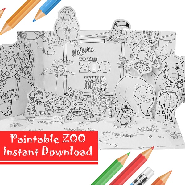 Printable Coloring 3D Zoo with Safari Animals, Paper Craft for Kid, Paintable Zoo Animal, Wild Jungle Animals, pdf instant download