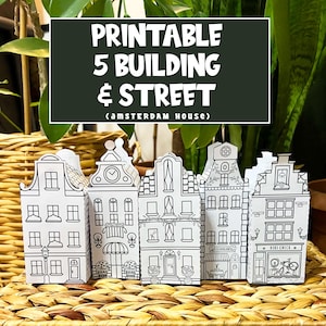 Printable Coloring 5 Buildings and Old Town Street, Printable Paper House Template, Amsterdam House,  DIY Old Street Printable Town