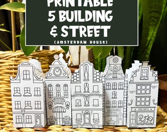 Printable Coloring 5 Buildings and Old Town Street, Printable Paper House Template, Amsterdam House,  DIY Old Street Printable Town