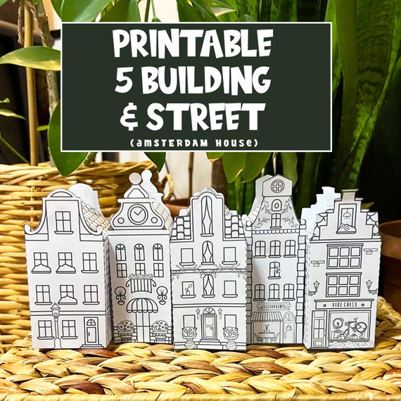 Printable Coloring 5 Buildings and Old Town Street, Printable Paper House Template, Amsterdam House,  DIY Old Street Printable Town