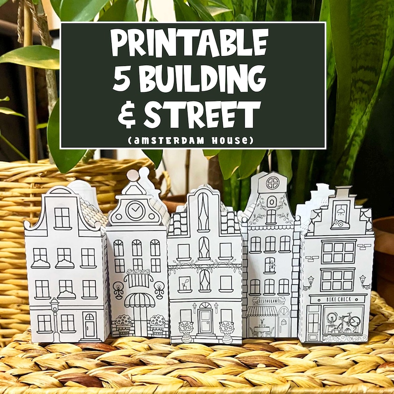 May include: Printable coloring page set of five Amsterdam-style buildings with a street scene. The buildings are outlined in black and white and ready to be colored. The set includes a bike shop, a flower shop, a bakery, a house, and a cafe.