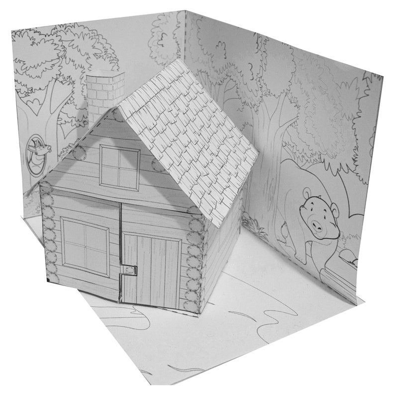 May include: A black and white pop-up card featuring a small house with a roof, a door, and two windows. The house is surrounded by trees and a bear.