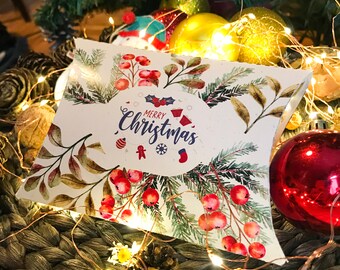 Merry Christmas DIY Printable Pillow Gift Box, INSTANT DOWNLOAD, Christmas Holiday Gift Box, Cookie Box, Christmas Ornaments Box
