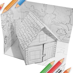Casa en el bosque en 3D para colorear e imprimir con muebles de interior, manualidad de papel para niños, actividad de interior para niños, descarga instantánea en formato PDF