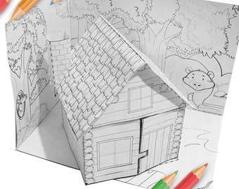 Printable Coloring 3D Forrest House with Interior furniture, Paper Craft for Kid, Indoor Activity for Kids pdf instant download