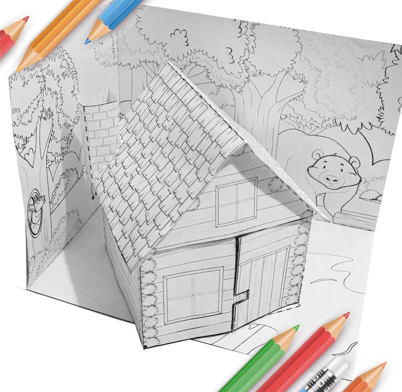 May include: A black and white line drawing of a papercraft house with a roof, windows, and a door. The house is surrounded by trees and a bear. Colored pencils are in the foreground.
