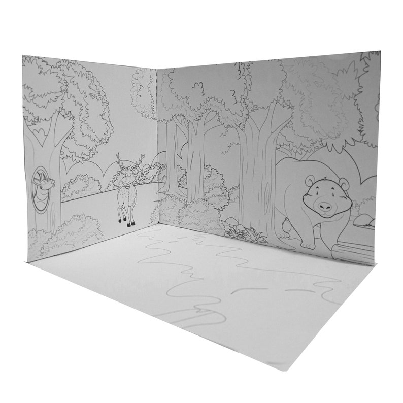 May include: A black and white illustration of a forest scene with a bear, two deer, and trees. The scene is drawn on a white background.