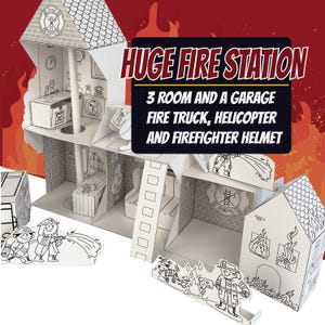 May include: A black and white cardboard fire station playset with the text "HUGE FIRE STATION" and "3 ROOM AND A GARAGE FIRE TRUCK, HELICOPTER AND FIREFIGHTER HELMET". The playset includes a fire truck, helicopter, and firefighter helmet.