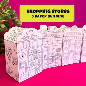 Peut inclure: Un ensemble de cinq boutiques en papier à imprimer, comprenant une boulangerie, un café, une pizzeria, une librairie et une fleuriste. Les boutiques sont en noir et blanc et prêtes à être colorées.
