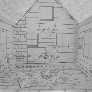 May include: A black and white line drawing of a cabin interior with a fireplace, a chair, and a rug. The cabin has a brick chimney and a wooden floor. The chair has a pillow with a snowflake design. The rug has a geometric pattern.