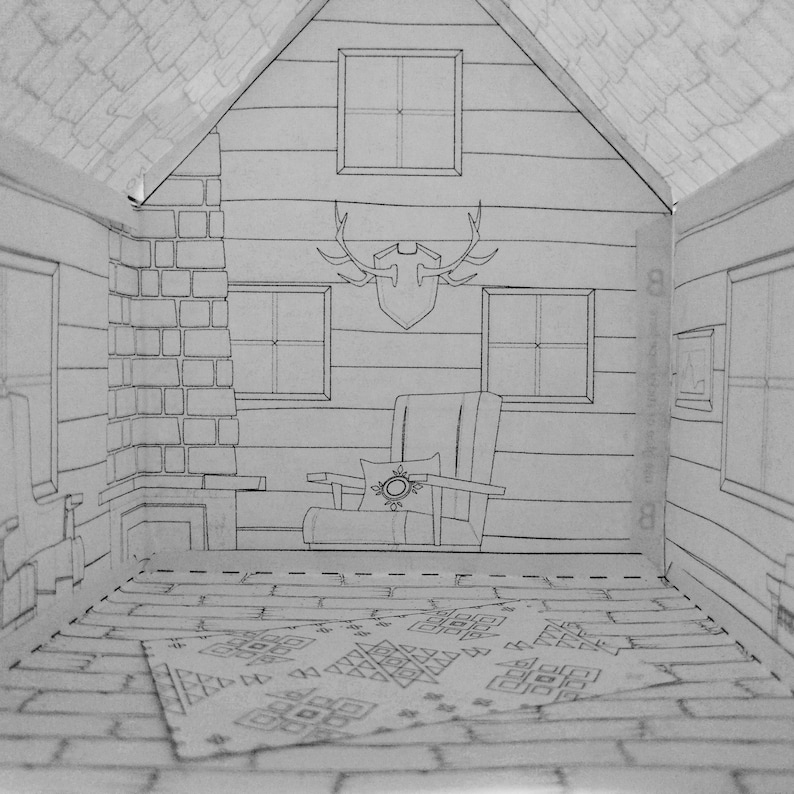 May include: A black and white line drawing of a cabin interior with a fireplace, a chair, and a rug. The cabin has a brick chimney and a wooden floor. The chair has a pillow with a snowflake design. The rug has a geometric pattern.