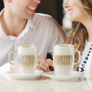 Mr and Mrs Mugs Double Walled Large Latte Glasses Borosilicate Coffee Mug