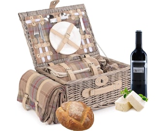 Deluxe Picnic Hamper with Chiller Compartment and Picnic Blanket in Lavender Tweed | Traditional Willow Picnic Basket 2 Person