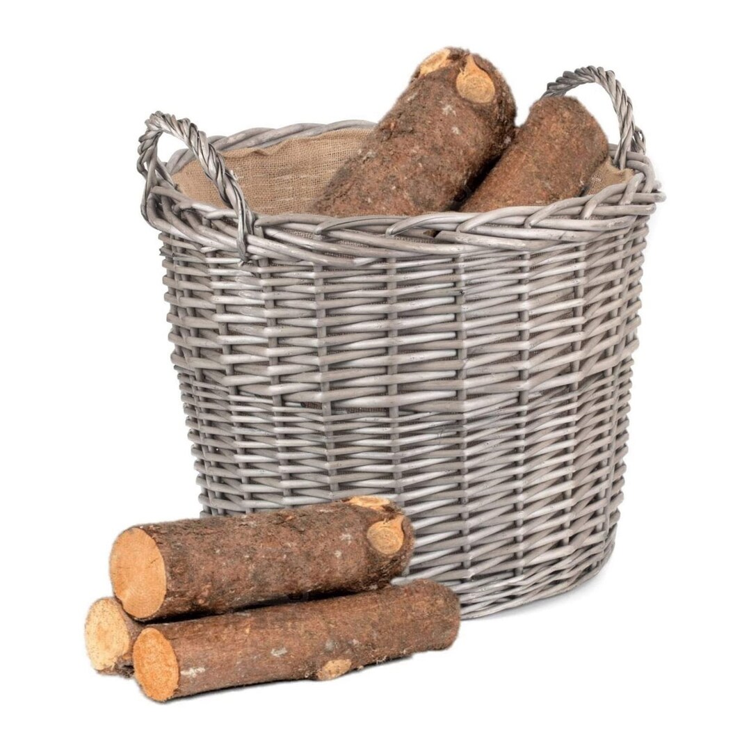 Willow Round Log Basket With Hessian Lining, Wicker Wood Basket