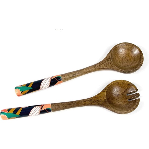 Mango Wood Salad Servers Fork Spoon Cutlery Set Tropical Design Carbon Friendly Serving Utensil