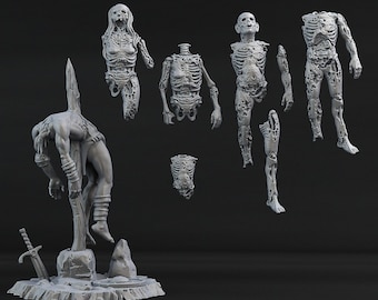 May include: A collection of gray, 3D-printed fantasy miniatures. The set includes several dismembered skeletal figures, a figure impaled on a stake, and a sword. The figures are detailed and suitable for tabletop gaming.