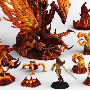 May include: A set of miniature figurines depicting a fiery dragon and other creatures made of lava and fire. The dragon is perched on a rocky base with its wings spread wide. The other creatures include a smaller dragon, a lava golem, and several smaller fire elementals.
