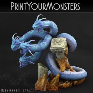 Shadow Hydra | 3d Printed Miniature for Painting, Tabletop Game, DnD, Pathfinder | Giant Snakes | PrintYourMonsters
