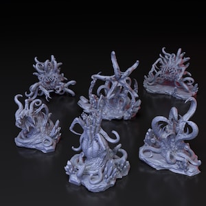 Puede incluir: Seis figuras en miniatura de color gris impresas en 3D de criaturas con tentáculos sobre bases rocosas. Las figuras son detalladas y tienen una estética de ciencia ficción de terror.