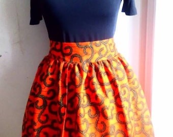 Jupe Courte Wax Orange avec son Motif Noir en 100% Coton| Jupe Africaine| Jupe en Pagne Wax| Jupes Africaines