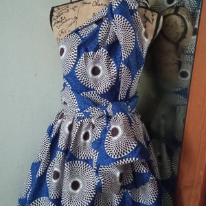 Short Blue African Fabric Dress with its Wax Round White Circles Pattern in 100% Cotton or Polycotton