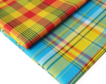 Lot Tissus Madras 50 cm x 160 cm Chacun/ Tissu Rouge Jaune et Vert + Turquoise Orange et Jaune