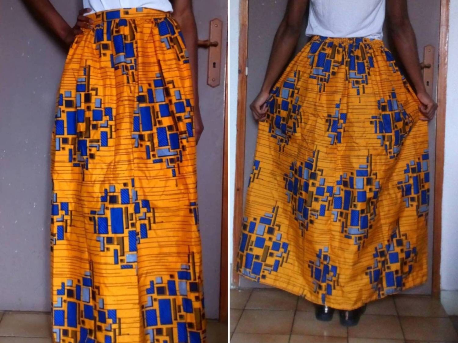 Long Skirt in Yellow and Blue Wax with its Geometric Pattern in 100% Cotton