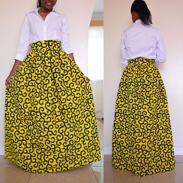 Jupe Wax Africain Longue| Jupe Pagne Wax Taille Haute Jaune| Jupe Wax Longue Jupe Femme Africaine Noire