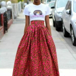 Red African print maxi skirt | Skirt Loincloth Wax High Waist Pink Dark Red| Wax skirt long skirt African woman